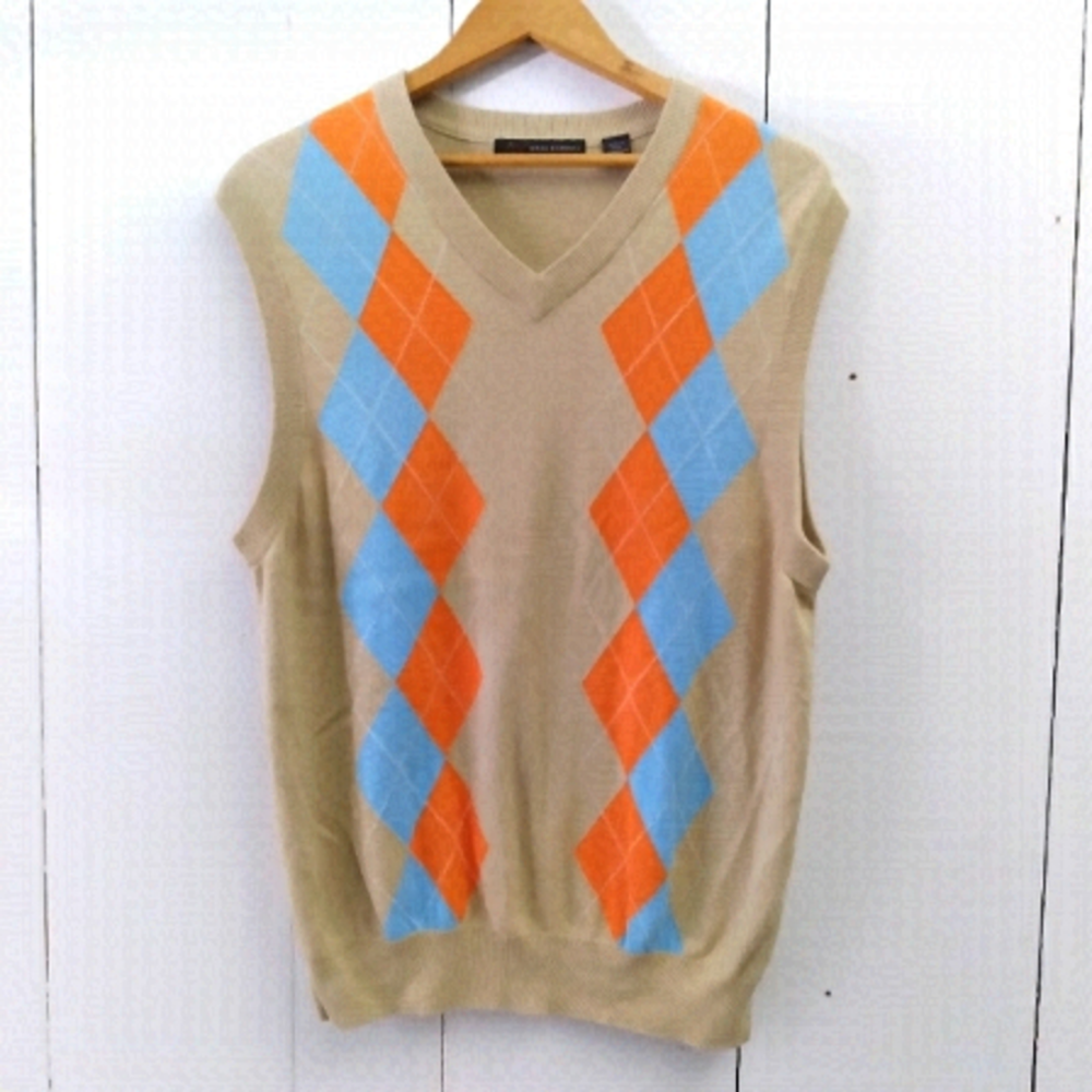 Tan, orange and blue argyle sweater vest